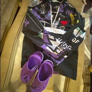 Purple hooded jacket &  purple crocs ..